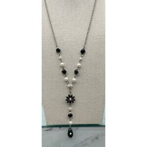 Charming Charlie Silver Tone Faux Pearl & Black Rhinestone Y Drop Necklace